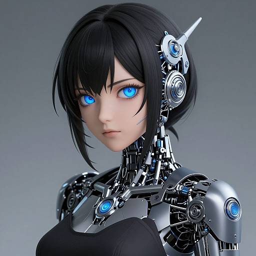 CGI image of a cybernetic woman with black hair, glowing blue eyes, and a silver robotic neck and shoulders, wearing a black top against