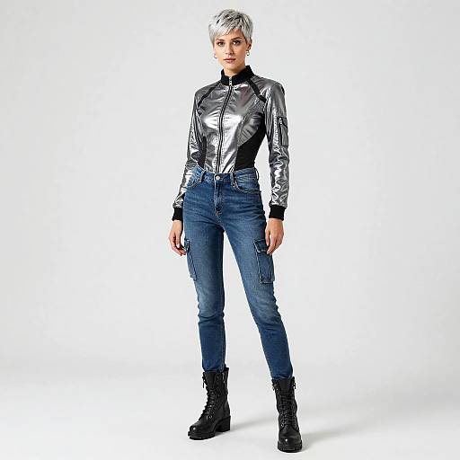Photograph of a short-haired, silver-haired woman in a shiny silver jacket, blue jeans, and black boots, standing against a white background.