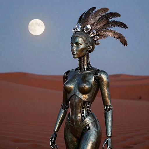 Escher-Inspired Bronze Robot Woman at Twilight