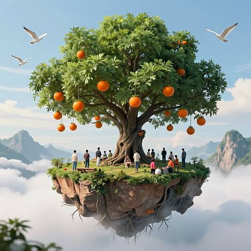 Surreal Floating Island with Tree and Birds