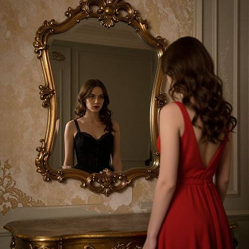 Photograph of a woman with long brown hair, wearing a red dress, gazing at herself in an ornate, gold-framed mirror, against