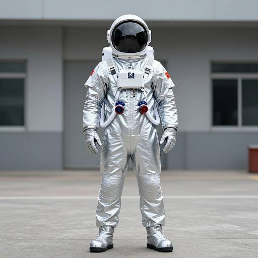 Photograph of a child in a shiny silver spacesuit with a black helmet, standing in an outdoor gray building area.