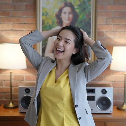 Smiling Asian Woman in Gray Blazer and Yellow Dress