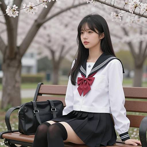 Serene Asian Schoolgirl Amid Cherry Blossoms