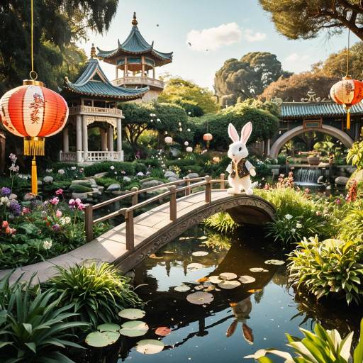 Disney-style Rabbit in Magical Chinese Garden