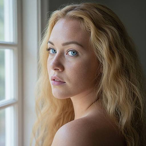 Photograph of a fair-skinned, blonde woman with wavy hair, blue eyes, and natural makeup, looking over her shoulder towards a window with