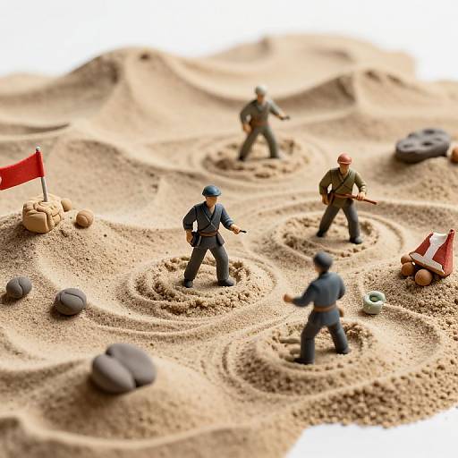 Miniature soldiers in blue and green uniforms stand on a sand-covered battlefield with a red flag, rocks, and scattered objects.
