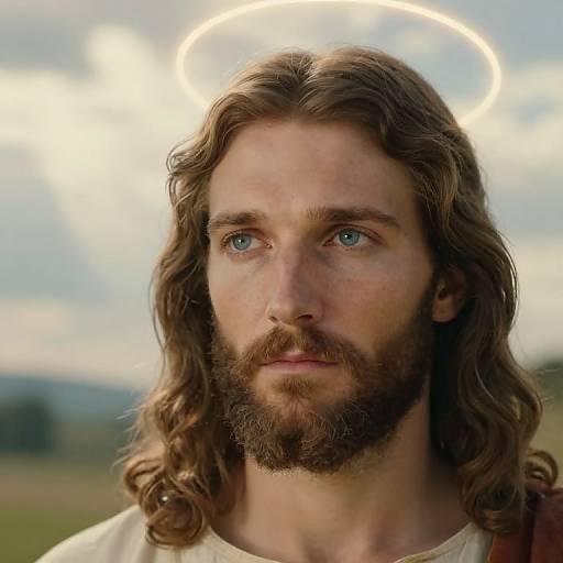 Photograph of a bearded, long-haired man with blue eyes, wearing a white tunic, with a glowing halo above his head, set against