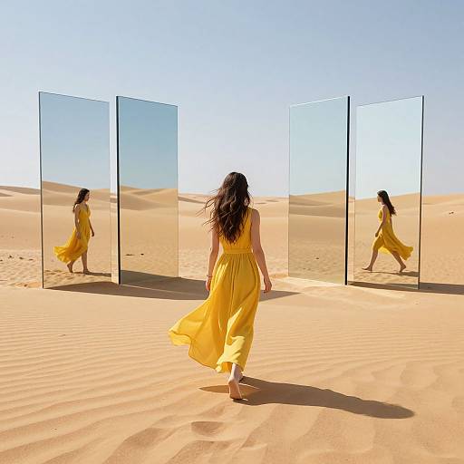 Photograph of a woman with long black hair in a flowing yellow dress, walking in a desert with four mirrored panels reflecting her image, under a clear