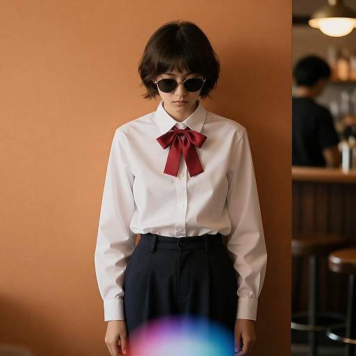 Young person in sunglasses and red bow tie