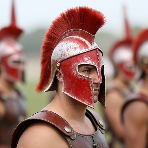 Photograph of a muscular man in ancient Roman-style red helmet with tall red plume, brown leather armor, standing outdoors with blurred background.