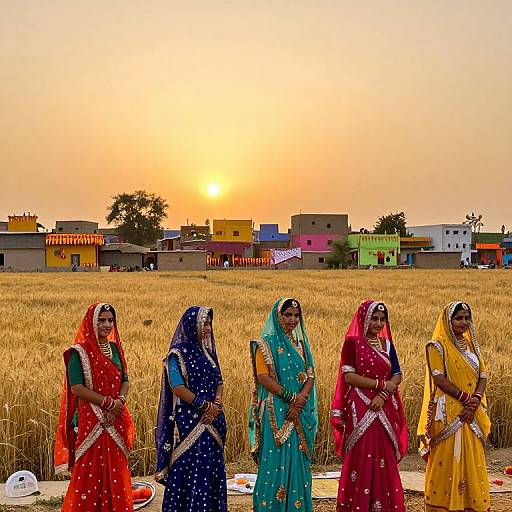 Photograph of five Indian women in colorful sarees standing in a golden wheat field at sunset, with colorful buildings in the background.