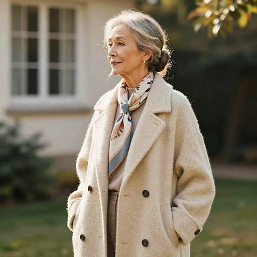 Elegant Older Woman with Loose Bun and Oversized Coat