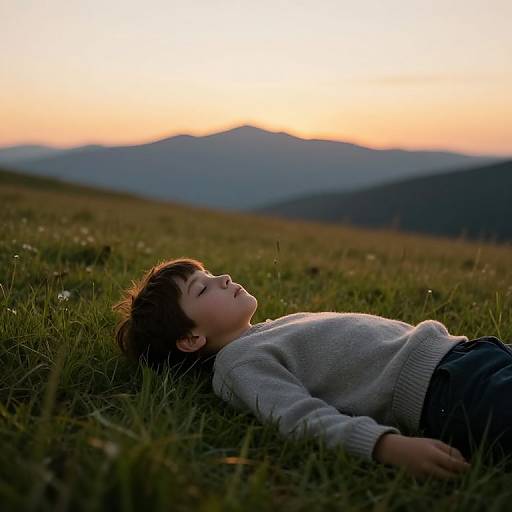 Photograph of a young boy with short brown hair, lying on grassy hill, wearing a grey sweater, eyes closed, at sunset with mountains in