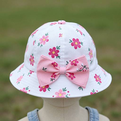 Photograph of a white floral bucket hat with a pink bow, displayed on a mannequin against a green grassy background.