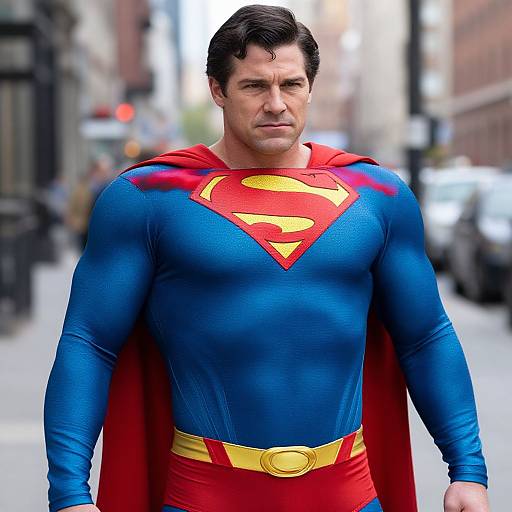 Photograph of a muscular, Caucasian man with dark hair, dressed as Superman, standing on a city street in daytime. Blue suit, red cape,