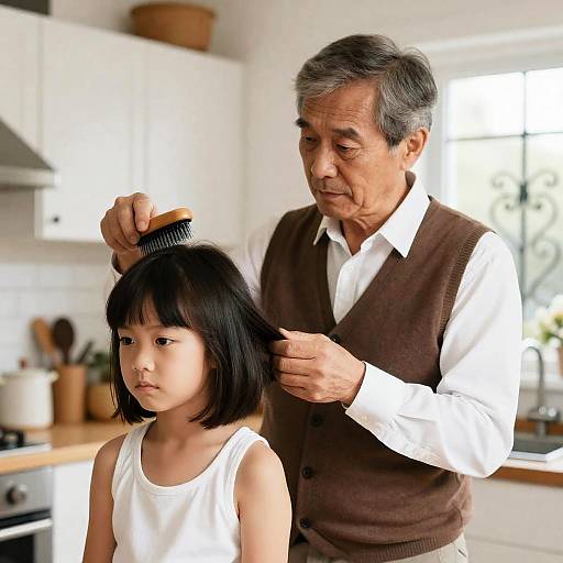 Serious Man Brushing Young Girl's Hair