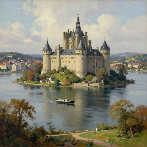 Photorealistic painting of a medieval castle with four towers on an island, surrounded by a calm river, with a small boat and autumn trees in the