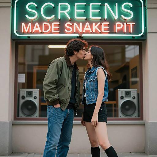 Couple Kissing Under Neon Sign