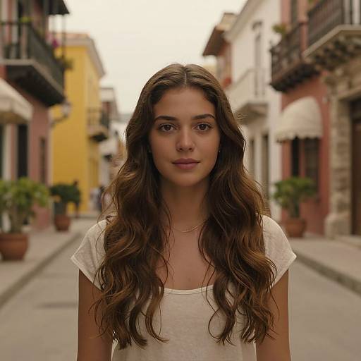 Photograph of a young woman with long, wavy brown hair, wearing a white dress, standing in a narrow, colorful European street with potted