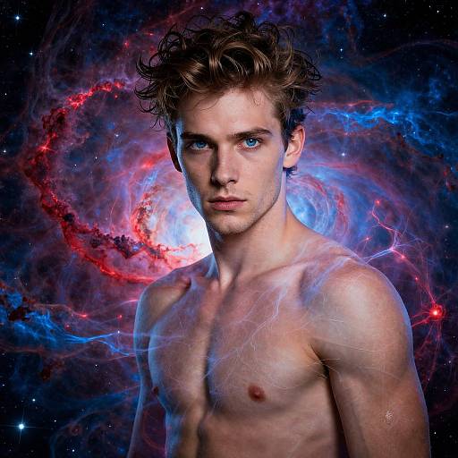 Photograph of a shirtless, muscular, young man with tousled brown hair and blue eyes, set against a vibrant, cosmic nebula background with