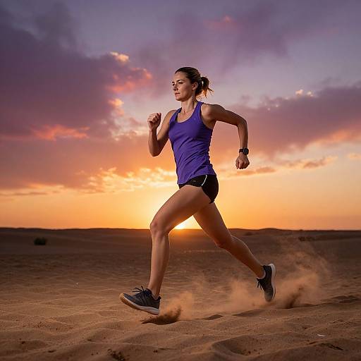 Photograph of a fit, brown-haired woman in a blue tank top and black shorts running in a sandy desert at sunset, with a colorful sky and
