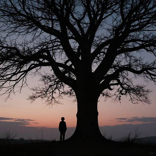 Silhouetted person stands before massive, leafless tree at dusk; sky transitions from pink to blue. Photograph captures serene twilight moment.