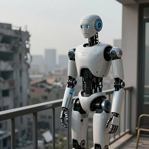 Sad Robot Overlooking War-Torn City