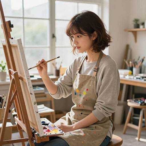 Photograph of a young Asian woman with short brown hair, wearing a gray sweater and paint-splattered apron, painting on an easel in