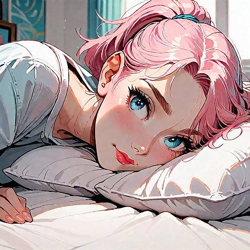 Anime Girl Relaxing on Bed with Pink Hair