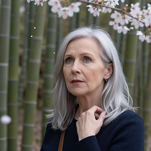 Thoughtful Middle-Aged Woman in Bamboo Forest