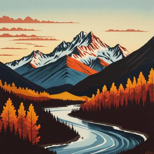 Retro Mountain Landscape at Sunset