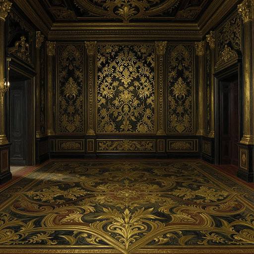 Luxurious, dark wood-paneled room with intricate, gold floral damask wallpaper and matching carpet, illuminated by soft, warm lighting. Baroque style