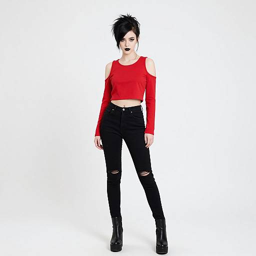 Photograph of a pale-skinned woman with short, spiky black hair, wearing a red, long-sleeve, crop top, black ripped