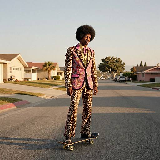 Photograph of a Black man with an afro, wearing a pink and leopard-print suit, skateboarding on a suburban street.