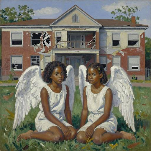 Digital painting of two African-American angelic girls with white wings, in white dresses, sitting on grass in front of a dilapidated red and white