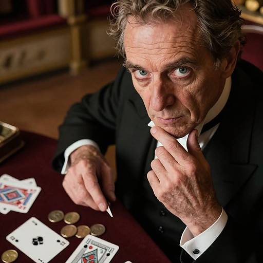 Middle-aged man with gray hair and intense gaze, wearing a black suit, ponders cards and coins on a poker table.