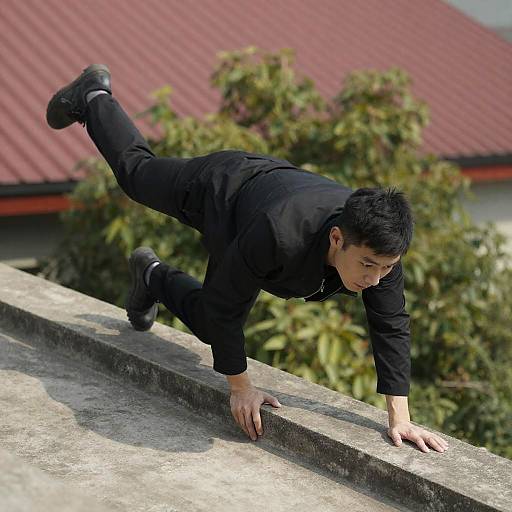 Crawling Asian Man on Concrete Roof