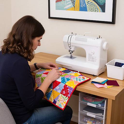 Woman Sewing Vibrant Quilt Squares