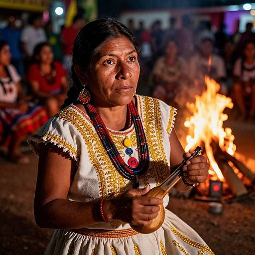 Photograph of an indigenous woman with dark skin and black hair, wearing traditional white and gold embroidered dress, holding a small drum, standing by a fire