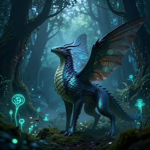 Digital fantasy artwork of a blue-scaled, bioluminescent dragon with translucent wings standing in a mystical, glowing forest filled with ethereal blue mushrooms