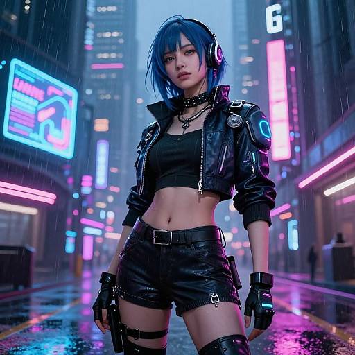 Cyberpunk-style digital artwork of a blue-haired woman in a black crop top and leather jacket, standing in a neon-lit, rainy city street