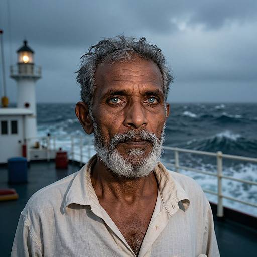 Photograph of an older Indian man with gray beard and blue eyes, wearing a white, slightly unbuttoned shirt, standing on a ship deck with