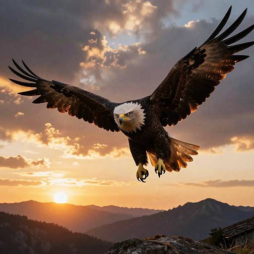Photograph of a majestic bald eagle with outstretched wings soaring over a mountainous landscape at sunset, golden light illuminating the sky and clouds.