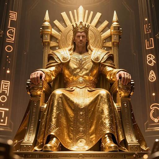 Photorealistic CGI of a golden-haired man in a radiant, gold throne with a crown, adorned in ornate, golden robes, set against a