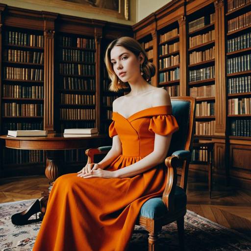 Elegant Woman in Orange Dress in Classic Library