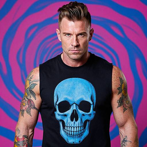 Muscular Tattooed Man with Skull Shirt