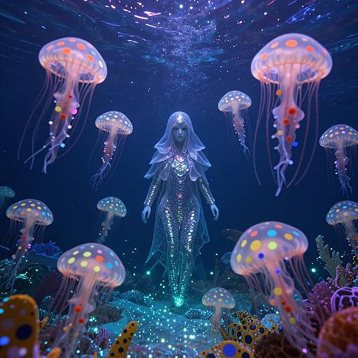 Photograph: Glittery, white-faced figure in shimmering dress surrounded by glowing, colorful jellyfish in a vibrant, underwater scene with blue and