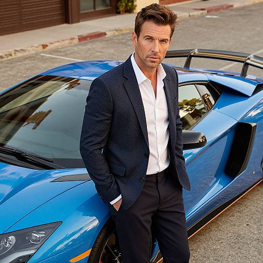 Photograph of a handsome, brown-haired man in a navy blazer and white shirt, leaning against a sleek, blue sports car. Urban street background