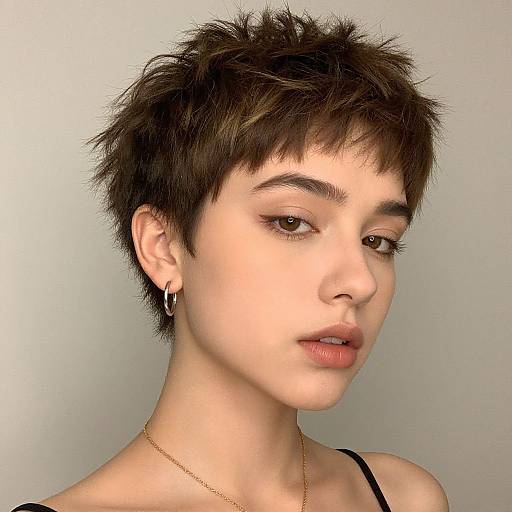 Photograph of a young woman with short, spiky brown hair, fair skin, brown eyes, light makeup, wearing a thin gold necklace and black